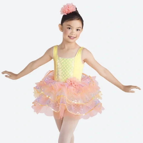 Revolution Dancewear Girl’s Yellow Peach Mesh Sequin Ruffle Costume Dress SC - Picture 1 of 9